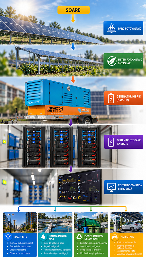 Producere (fotovoltaic, biosolar și generator hibrid), stocare și distribuție în GREEN CITY LAB
